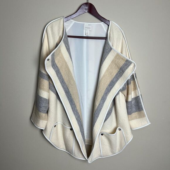 Chicos Wool Wrap Sweater Womens Medium (Chico's 1) Cream Snap Button Pockets - Picture 3 of 13